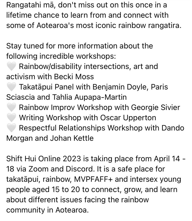 If your aged 15-20 and are takatāpui, rainbow,  MVPFAFF+ or intersex come join us for this amazing line up ! April 14-18 via zoom and discord. 
Register now! forms.gle/zYUbG1UaLZ5m4X…