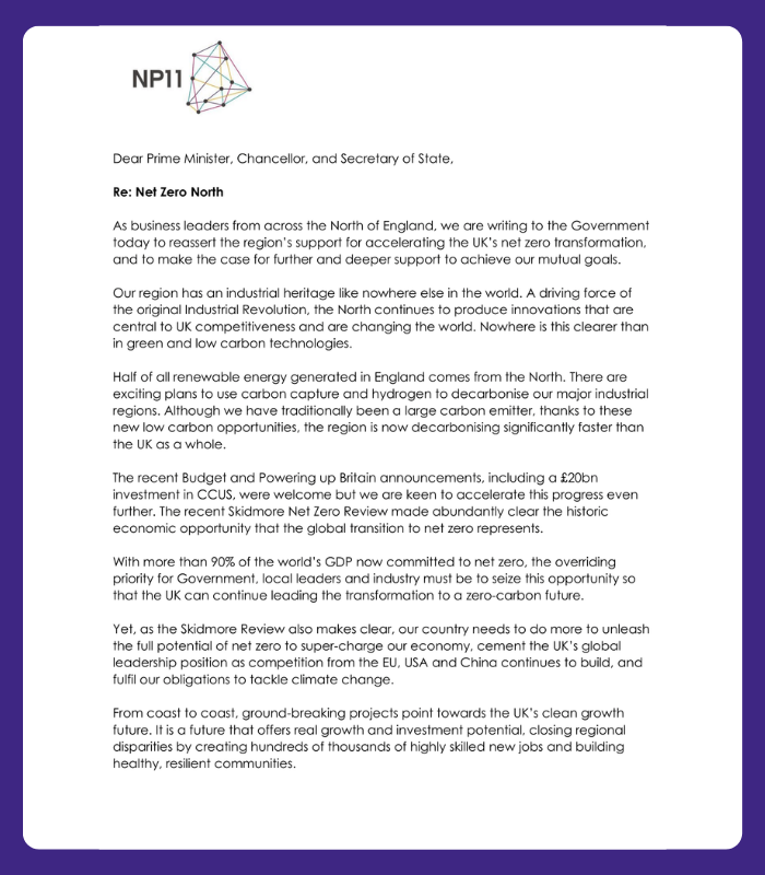 ConventionNorth's tweet photo. Northern business is calling on the Government to commit to accelerating the UK's Net Zero transformation. 

Great Northern assets are leading the way, with clean growth being a vital part of growing and rebalancing the UK economy. 

Our letter from business to Government 👇 https://t.co/Ct2EH9MKbL
