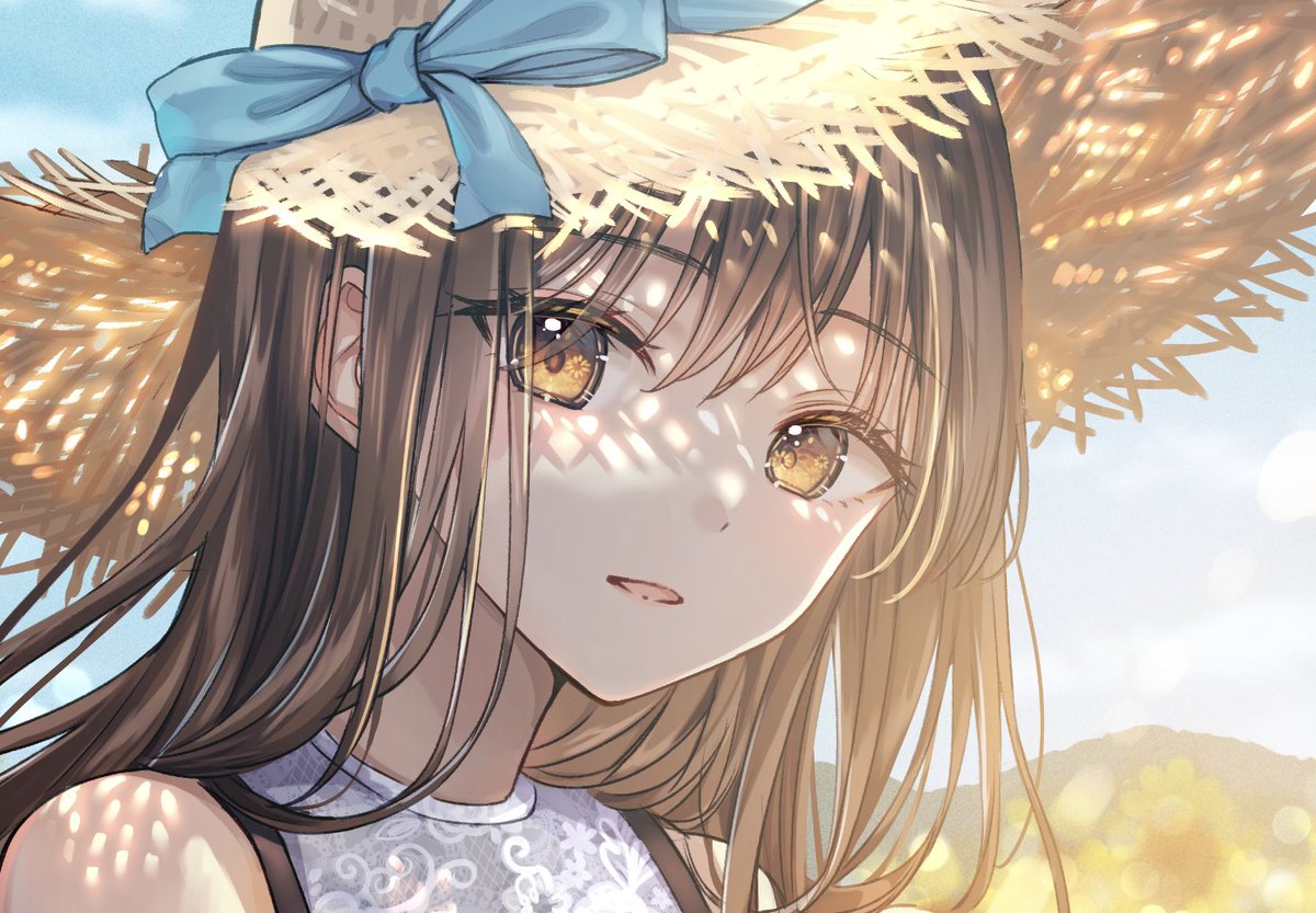 1girl hat solo straw hat brown hair looking at viewer long hair  illustration images