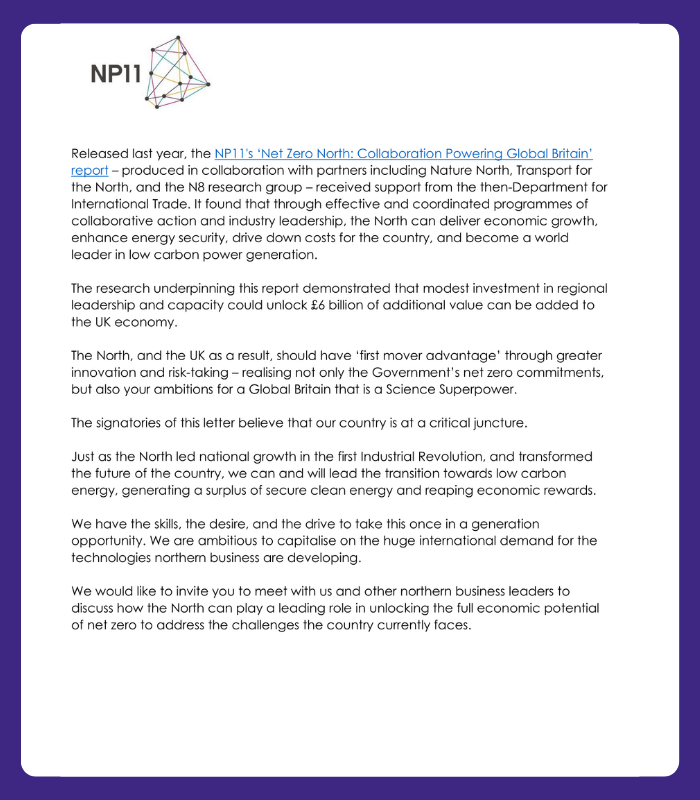 ConventionNorth's tweet photo. Northern business is calling on the Government to commit to accelerating the UK's Net Zero transformation. 

Great Northern assets are leading the way, with clean growth being a vital part of growing and rebalancing the UK economy. 

Our letter from business to Government 👇 https://t.co/Ct2EH9MKbL