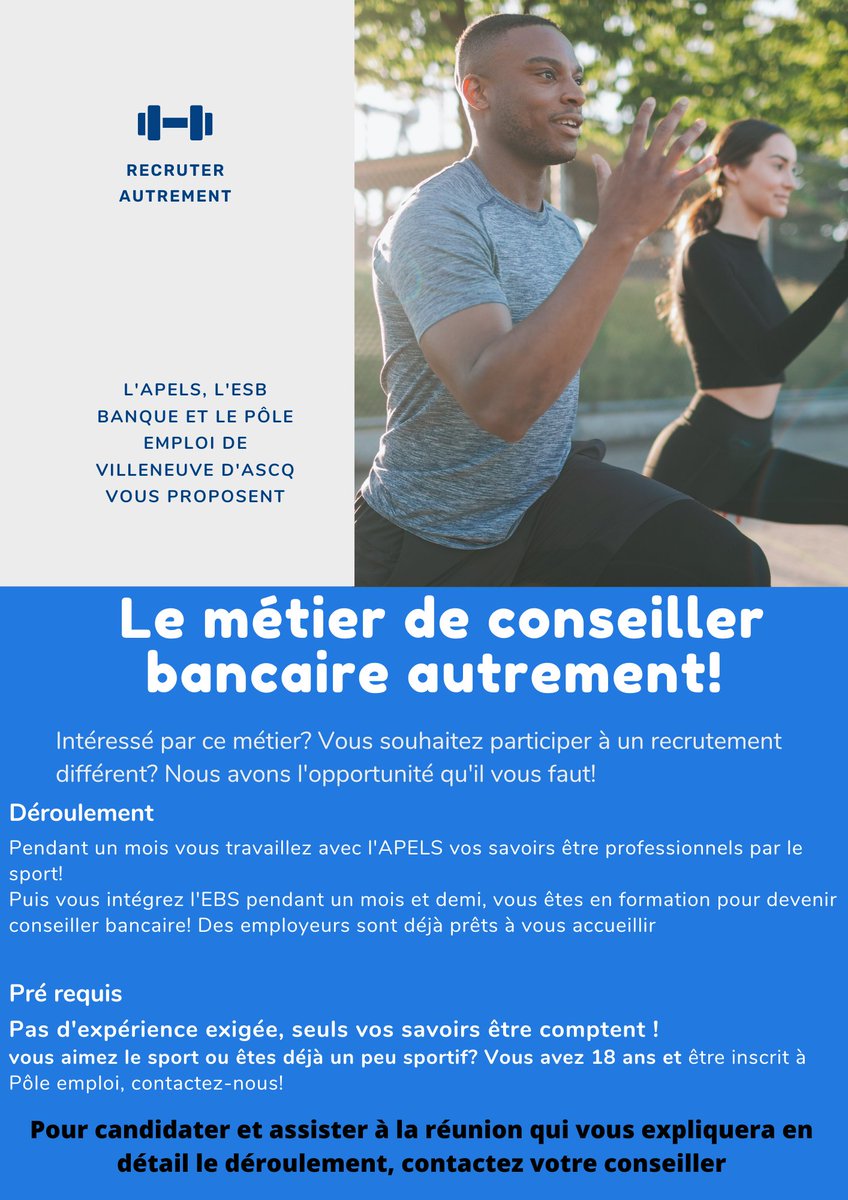 Bonjour à tous, voici une opportunité ouverte à tous! Recruter autrement, vous aimez le sport, vous voulez devenir conseiller bancaire ou vous cherchez votre voie? Venez rencontrer nos partenaires en agence! 
Contactez-nous pour en savoir plus ! 
#TeamJeunesVDA