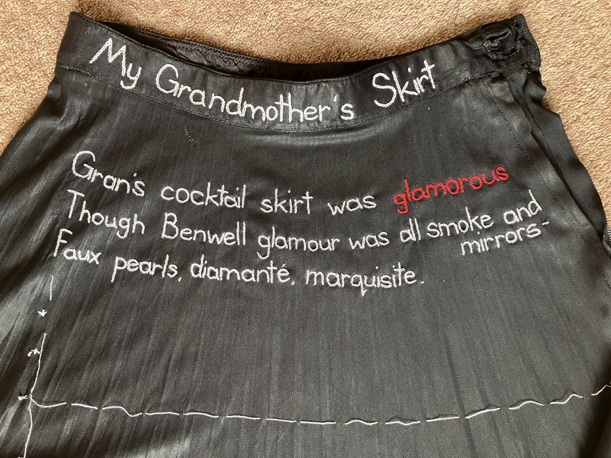 The promised occasional update on my #the100dayproject . Day 33 - the first of nine stanzas of my poem has been embroidered on my Gran’s old black skirt 🖤🤍❤️🤍🖤