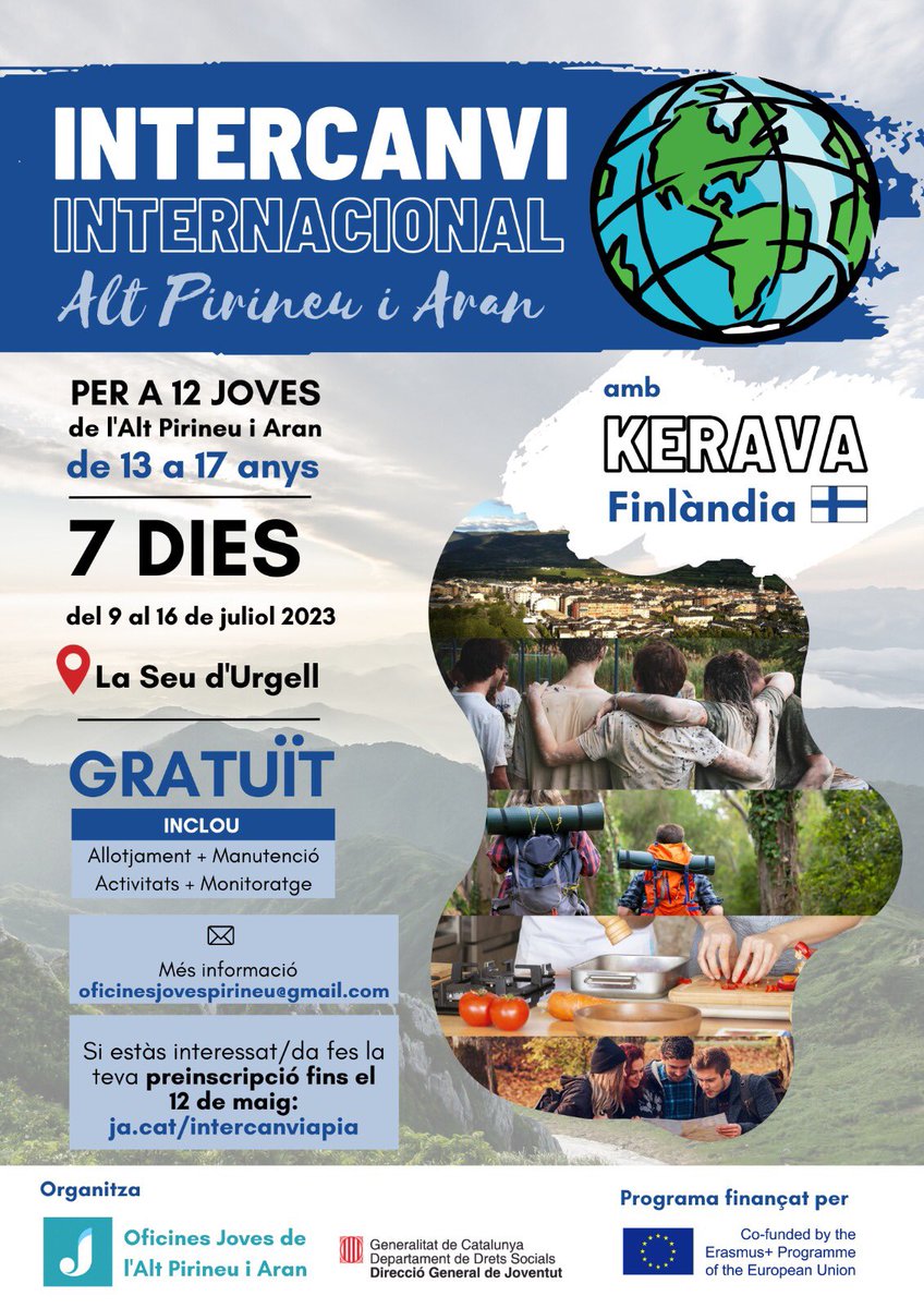 OJAU's tweet photo. Vius a l’Alt pirineu i Aran, tens entre 13 i 17 anys i t’agradaria participar en un intercanvi juvenil ?
Obrim preinscripcions fins el 12 de maig!!  
➡️+info: https://t.co/GIFoBrdpjt
➡️Organitzen: 
@PallarsJove
@OJAU
@CerdanyaJove 
@OficinaJoenessa
 #oficinaaltaribagorça https://t.co/6FA0etUI0U