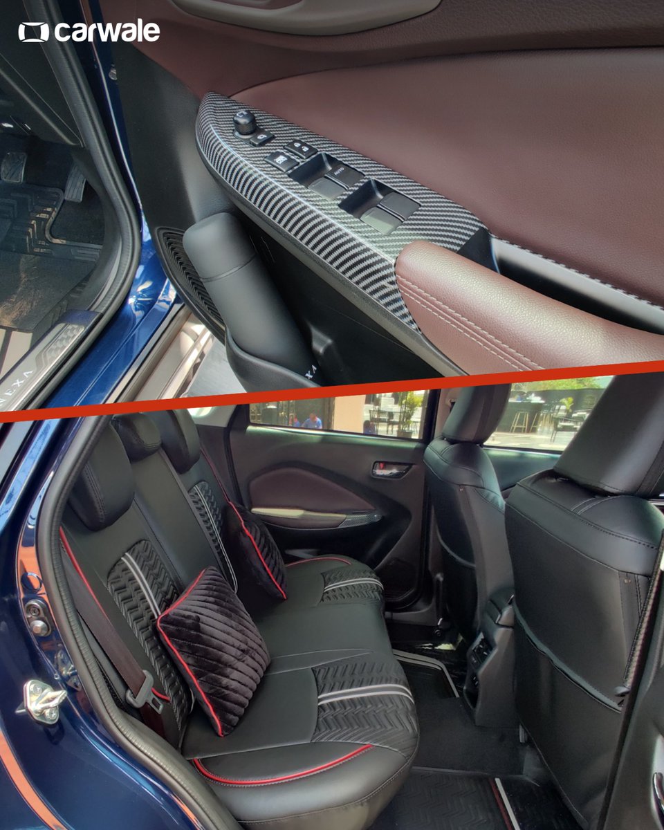 CarWale's tweet image. This accessorised version of the #MarutiFronx is decked up with Vilox Collection! Taking a departure from the usual chrome decoration, this one gets red colour inserts inside out!
#CWSnippet #MarutiSuzuki #MarutiSuzukiFronx