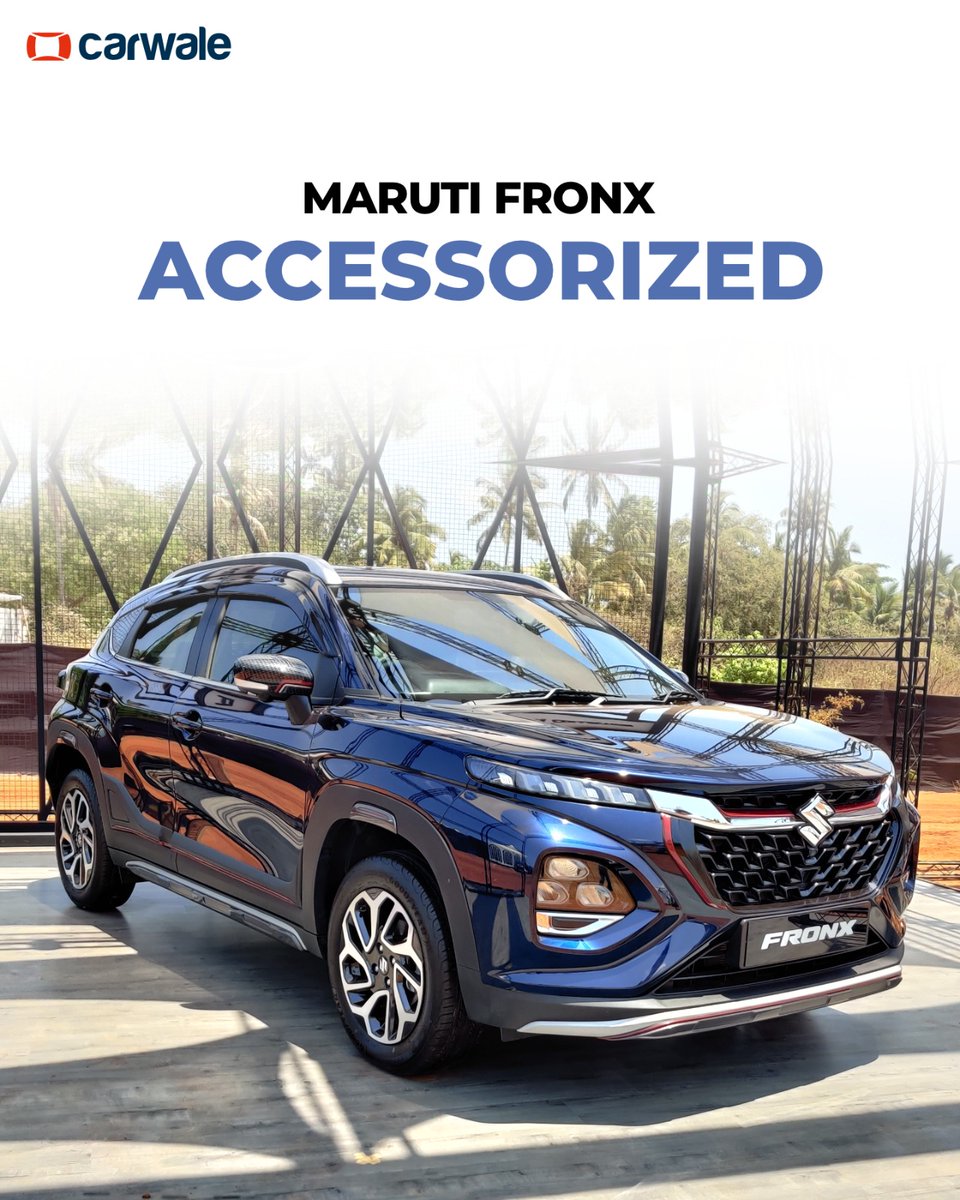CarWale's tweet image. This accessorised version of the #MarutiFronx is decked up with Vilox Collection! Taking a departure from the usual chrome decoration, this one gets red colour inserts inside out!
#CWSnippet #MarutiSuzuki #MarutiSuzukiFronx