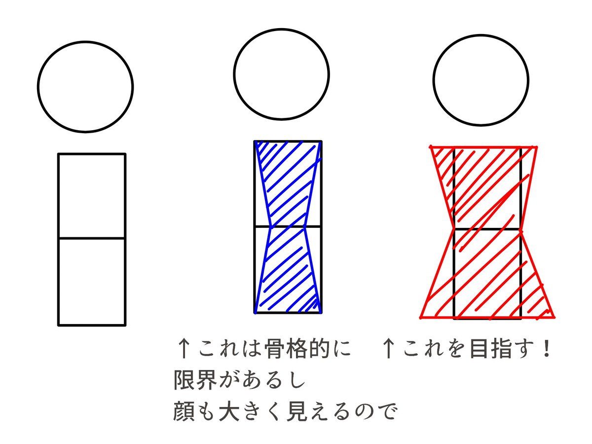 これが筋肉を育てて綺麗な体を作るってことだと思ってます
青を意識してとにかく細く!を目指すと「萎んだ」「るい痩」という健康に良くない状態だと思ってます
同じ骨格でも、肩とお尻を作ることでウエストも細く見える!