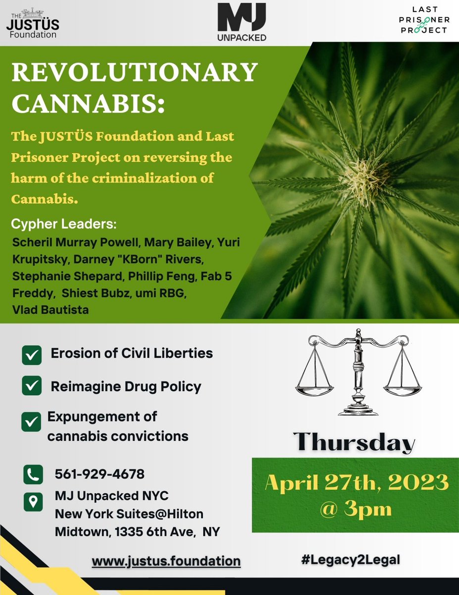 If you are attending MJ Unpacked, you don't want to miss this star packed special edition of our Revolutionary Cannabis series #Legacy2Leadership #LegacyFam #LegacyNYC #GiftedBK #SmokersClub #GrassIsGreener #HappyMunkey #LastPrisonerProject #TheJUSTÜSFoundation