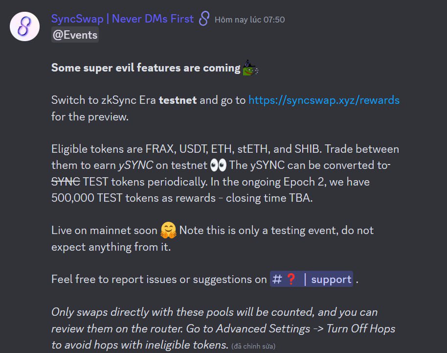 Chiến mạnh thôi anh em 🔥🔥

SyncSwap ra thông báo tham gia trải nghiệm testnet dự án để nhận phần thưởng ySYNC.

Cụ thể, ySYNC có thể dùng để đổi sang $SYNC TEST token (tổng cung 500k sắp phân phối)