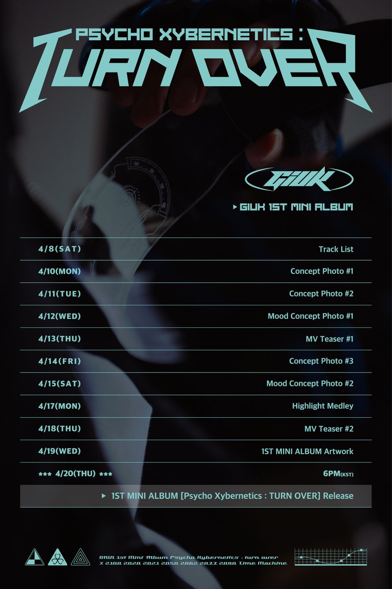 [#기욱] 

GIUK 1ST MINI ALBUM 
[Psycho Xybernetics : TURN OVER] 

🤖 SCHEDULE PLAN 🤖
 
2023.04.20 6PM RELEASE✔

#ONEWE #원위 #GIUK
#Psycho_Xybernetics 
#TURN_OVER
