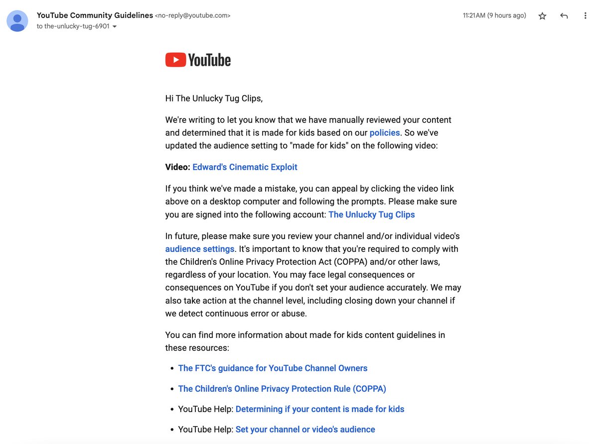 I'm at a loss for words here

YouTube emailed me today telling me they've set several videos on The Lucky Tug as Made For Kids... on a channel that they nuked 3 weeks ago

<a href="/TeamYouTube/">TeamYouTube</a> what are y'all even doing