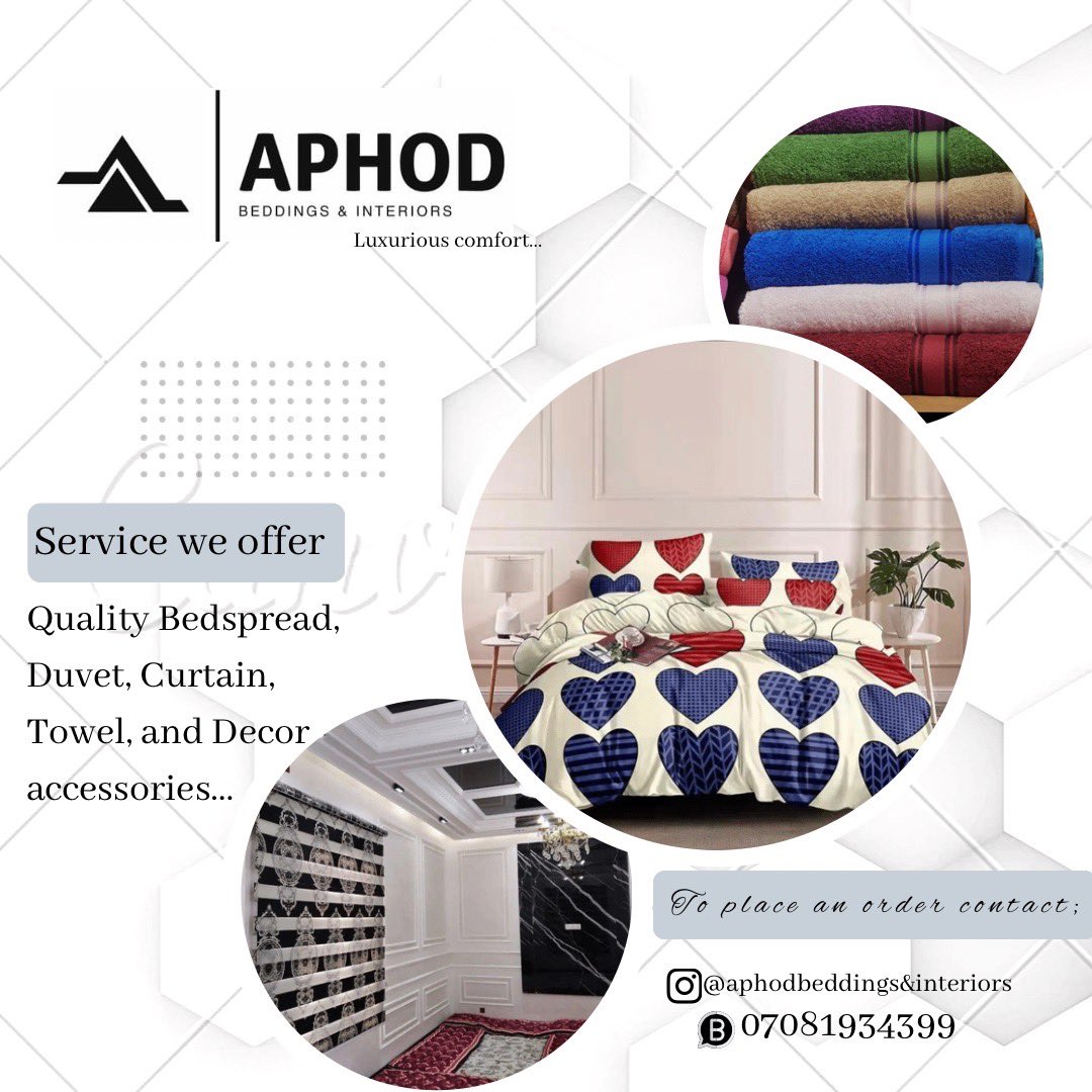 AphodBnInterior's tweet image. Hi👋
I’m Hiqmah of Aphod beddings&Interiors
This is an online store for the sales of quality duvets, bedsheets, pillows, towels, curtain, foot mats, throw pillows, center rug, bed covers and so on. We have the most beautiful designs at the most affordable prices.