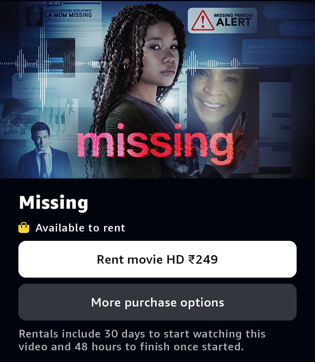 CinemaRareIN's tweet photo. After her mother goes missing, a young woman tries to find her from home, using tools available to her online.
#Missing aka #Searching2 (2023) by #WillMerrick & #NickJohnson, now available on @PrimeVideoIN Store for ₹249.
Co-written & Co-produced by @aneeshchaganty. https://t.co/AvrtKBlL0i