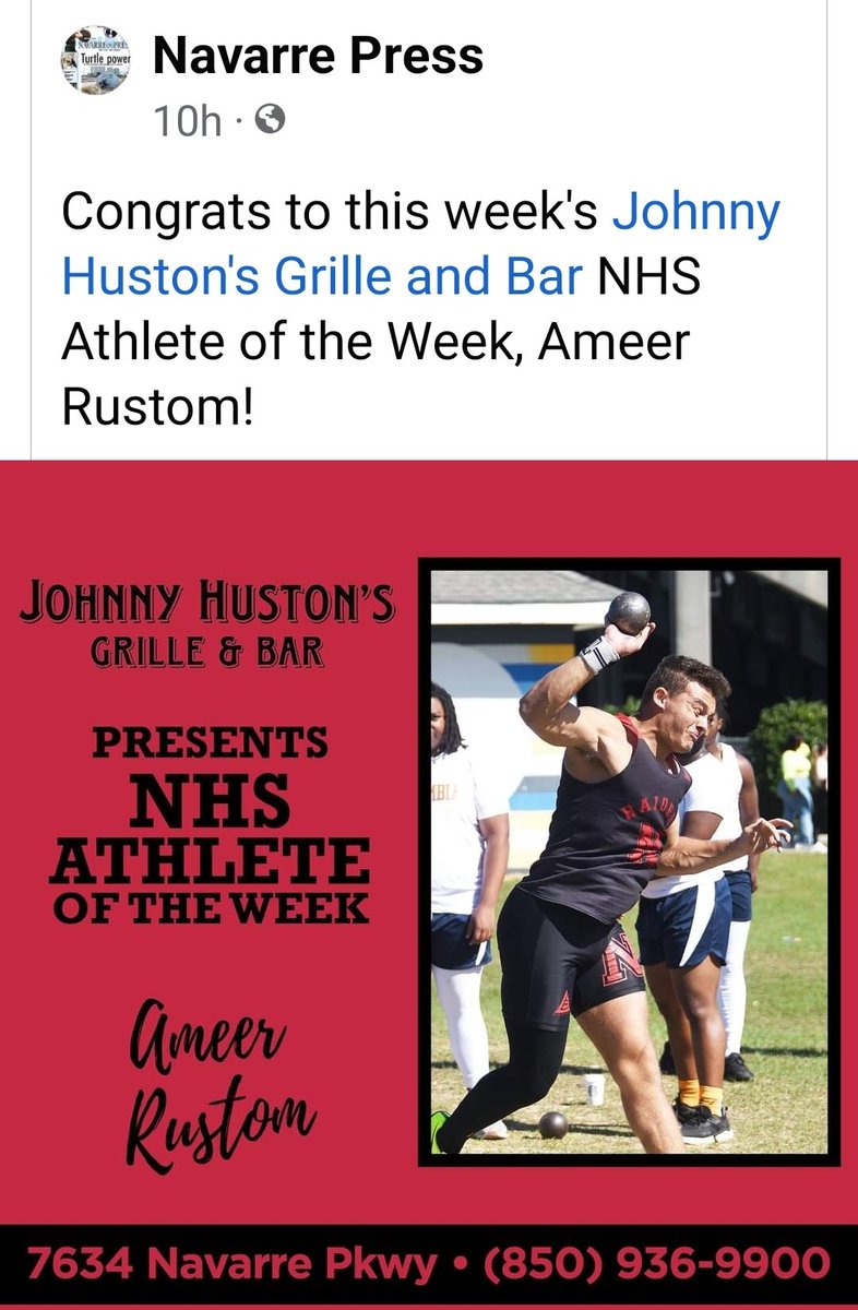 Ameer Rustom (@ameerrustom) on Twitter photo Honored to be "Athlete of the Week"
<a href="/BLester1993/">Brian Lester</a>
<a href="/navarresports/">navarresports</a>
<a href="/ewerskey87/">Eric Werskey</a>
<a href="/CoachTC22/">Tony Carter</a>
<a href="/McThrows/">McThrows.com</a>
<a href="/nationalthrows/">National Throws</a>
<a href="/NHSRaidersFB/">Navarre High Raiders Football (FL)</a> Honored to be "Athlete of the Week"
<a href="/BLester1993/">Brian Lester</a>
<a href="/navarresports/">navarresports</a>
<a href="/ewerskey87/">Eric Werskey</a>
<a href="/CoachTC22/">Tony Carter</a>
<a href="/McThrows/">McThrows.com</a>
<a href="/nationalthrows/">National Throws</a>
<a href="/NHSRaidersFB/">Navarre High Raiders Football (FL)</a>