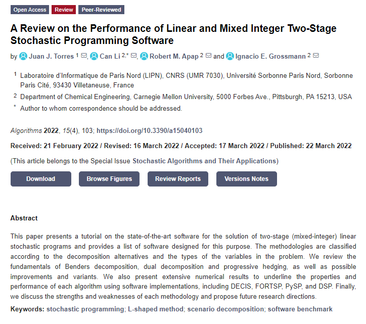 Algorithms_MDPI's tweet photo. #Daily_Share #highlycitedpaper

"A Review on the Performance of Linear and Mixed Integer Two-Stage Stochastic Programming Software"

#Views: 2114
#Citations: 6

https://t.co/4ZySWa2Pem #mdpialgorithms via @ComSciMath_Mdpi 

#stochasticprogramming #softwarebenchmark https://t.co/ROWEr0PXsq