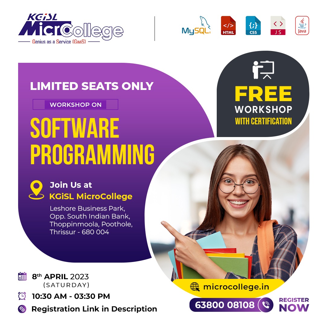 MicroCollegeOfl's tweet image. Tired of waiting for your career to finally take off?
Attend the free workshop on Software Programming and avail certificate.
Register now: bit.ly/KGMSPFreeWorks…
Only Limited seats are available.
#KGiSLMicroCollege #SoftwareProgramming #Training #OfflineClasses #Jobs