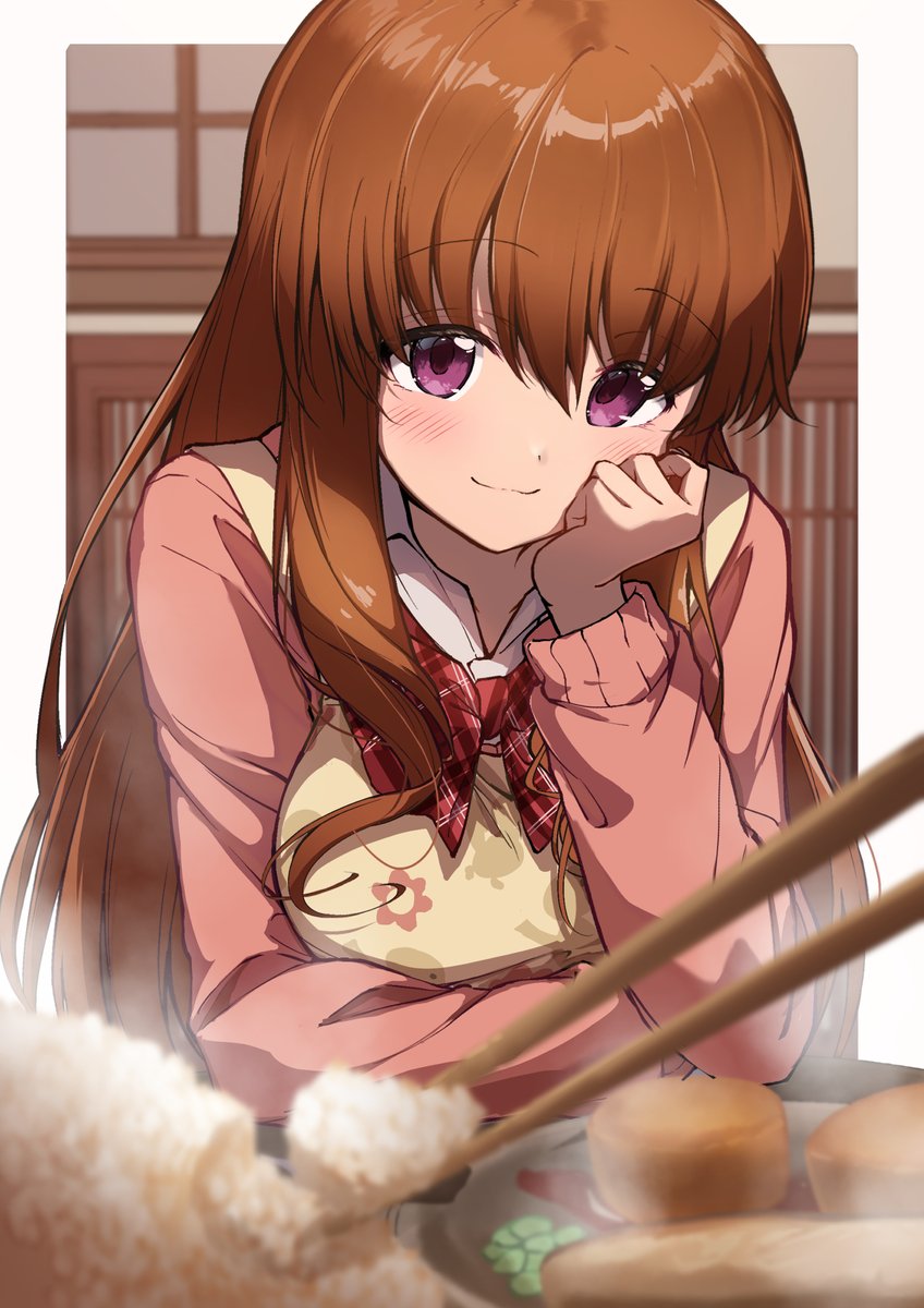 1girl solo brown hair food long hair bow purple eyes  illustration images