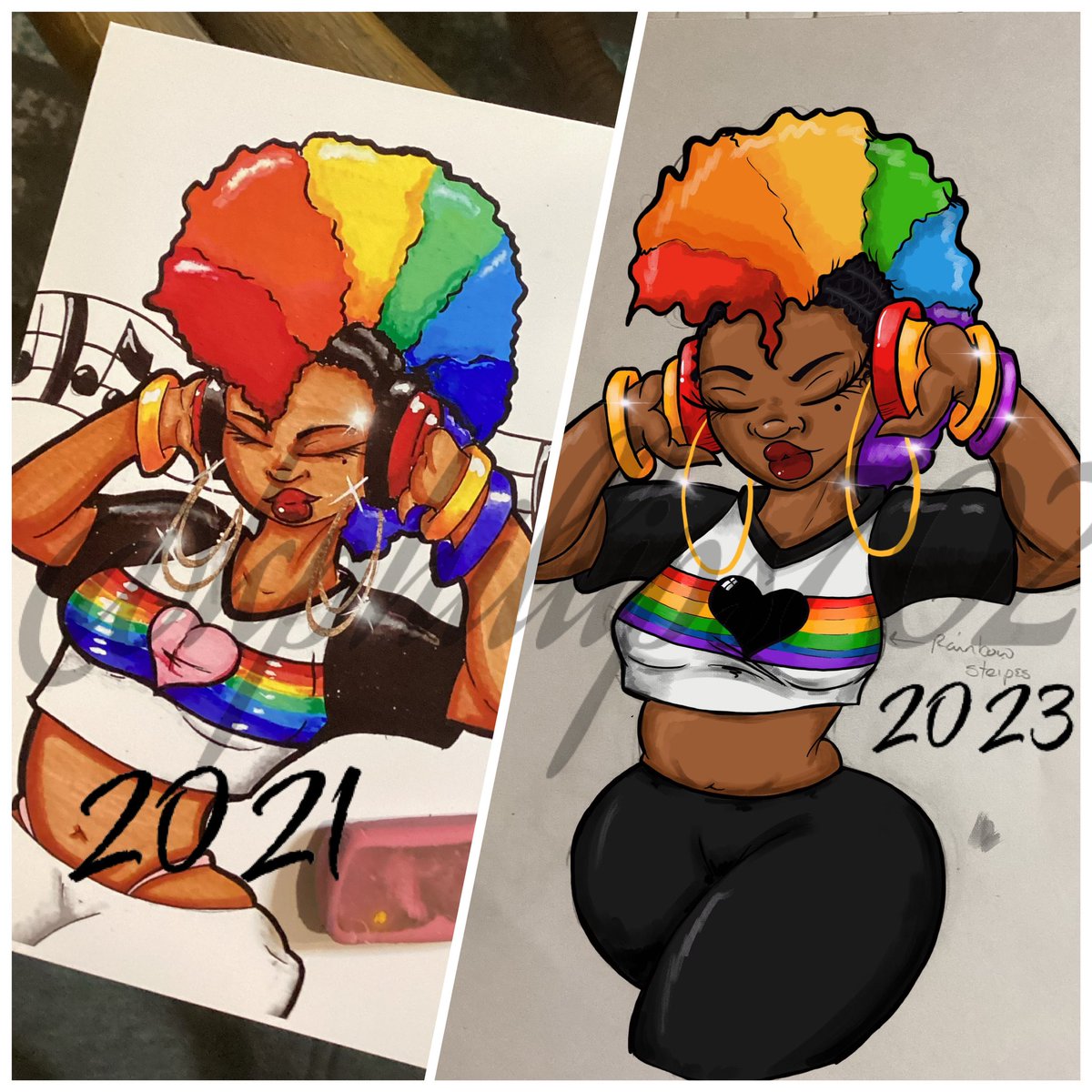 K_phillips9936's tweet photo. A difference a few years and new tools make! I made her for Pride Month back in 2021 and took a shot to redo her. On top of that, I made her some friends, stay tuned and let me know what you think. #pridemonth #rainbow #frohawk #afro #progress #procreate #ipad #artforsale https://t.co/yKepFJNhUA