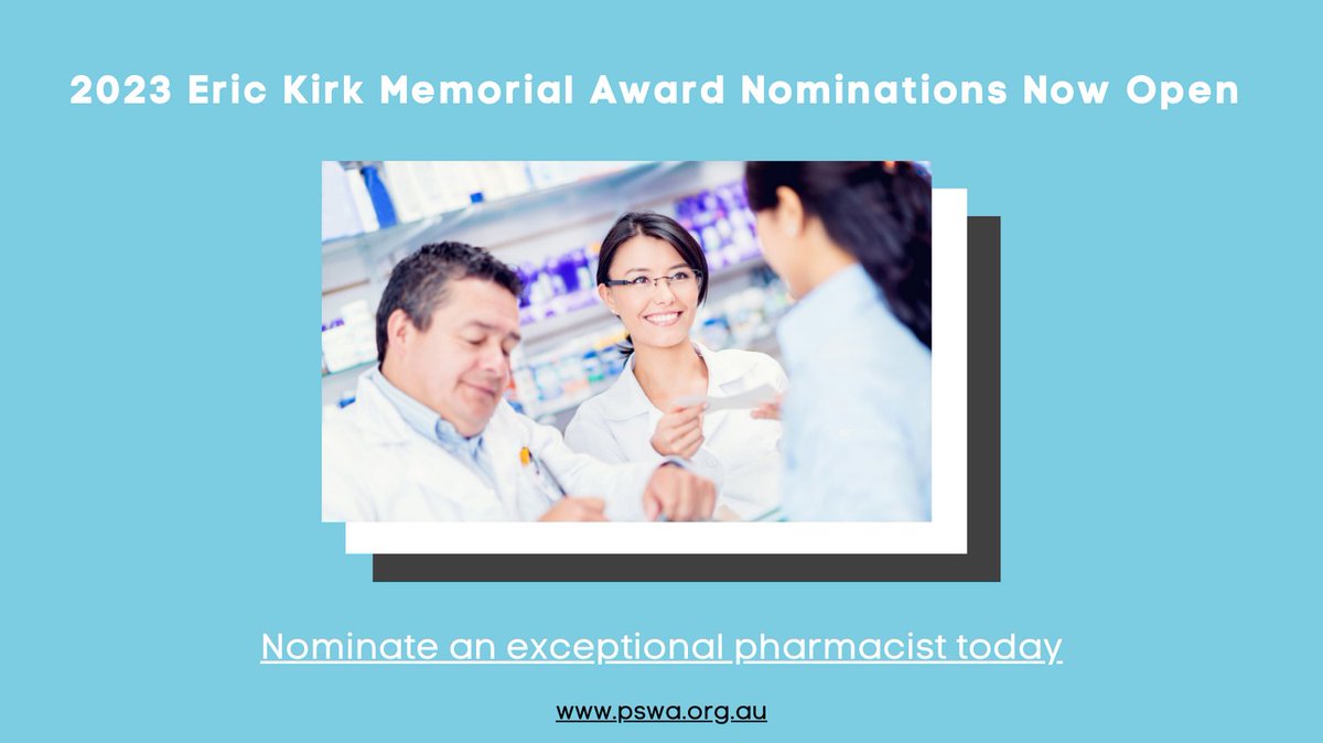 PSWA1's tweet photo. It's that time of the year again - the prestigious Eric Kirk Memorial Award nominations are now open! 🏆 Do you know a colleague who's made exceptional contributions to pharmacy practice in WA? Nominate them now. 💪👩‍🔬👨‍🔬 #EricKirkMemorialAward #PSWA https://t.co/xRTebQJ83E