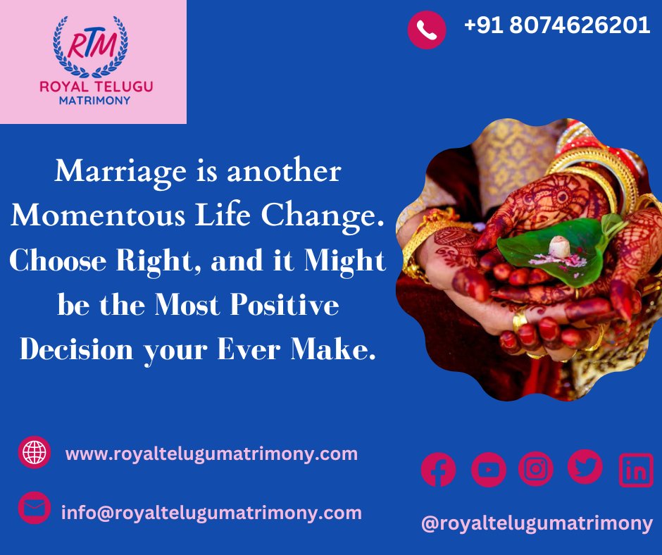 RT_Matrimony's tweet photo. #Marriage is another #Momentous #Life Change.
Choose Right, and it Might be the Most Positive Decision your Ever Make.
Register Today:
📷 8074626201
📷 https://t.co/CxtNzmpcRa
📷 info@royaltelugumatrimony.com
#royaltelugumatrimony #guntur #matrimonysite #matrimonyservices https://t.co/dKsxYzOF5O