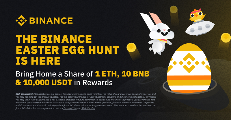 binance's tweet photo. Take a break from eating chocolate this Easter to earn some crypto.

Collect eggs using the #Binance Easter Egg mini game for a chance to win from a prize pool of 1 $ETH, 10 #BNB and 10,000 $USDT in token vouchers.

Get involved here ⤵️