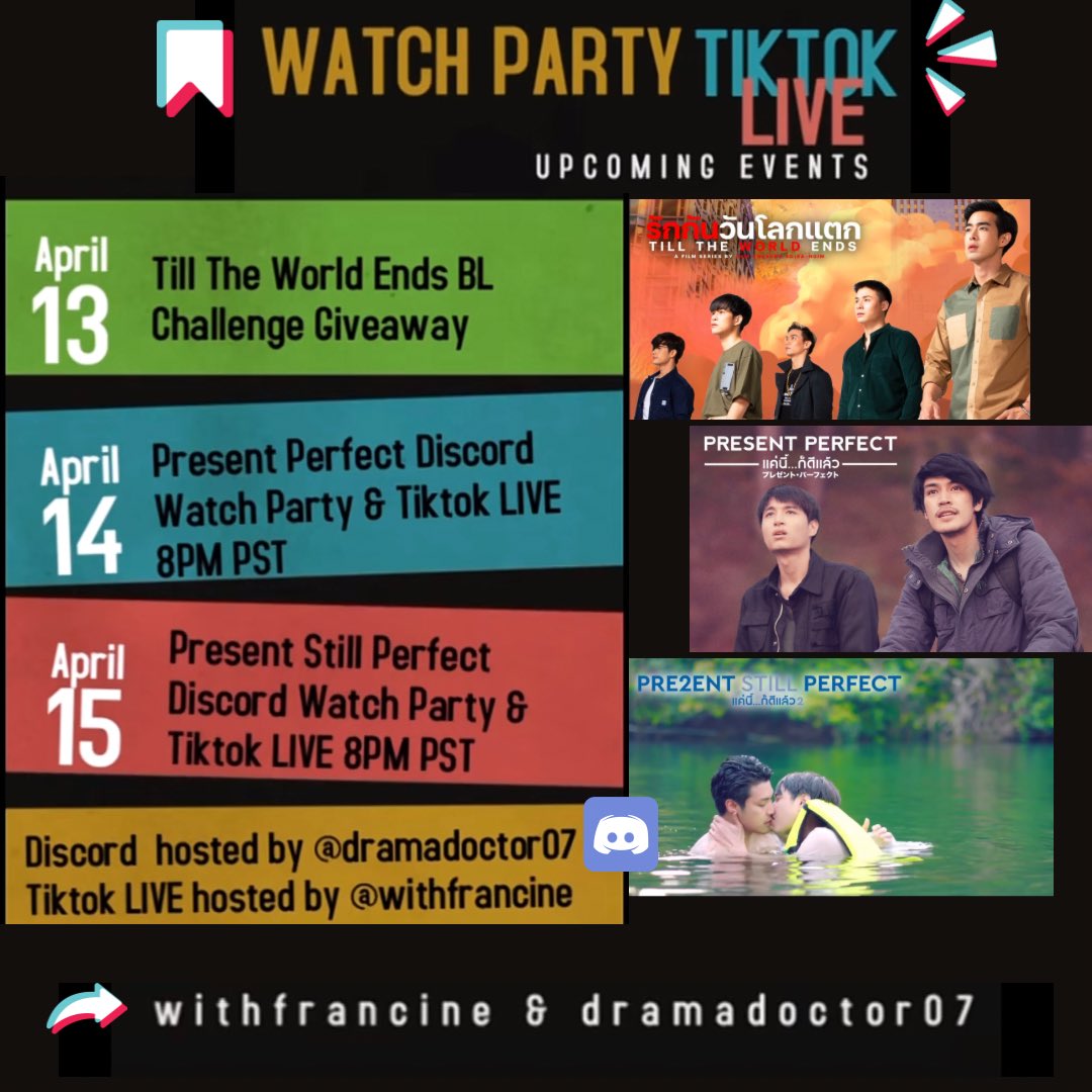 commetivebyaam's tweet image. Get ready for the ultimate WATCH PARTY TIKTOK LIVE event happening on April 13th-15th. on Discord hosted by @dramadoctor07 and TikTok hosted by @withfrancine to watch three classic.
Read : bit.ly/3nTQO4L
#PresentPerfect #PresentStillPerfect #AamAnusorn #TTWEtheSeries