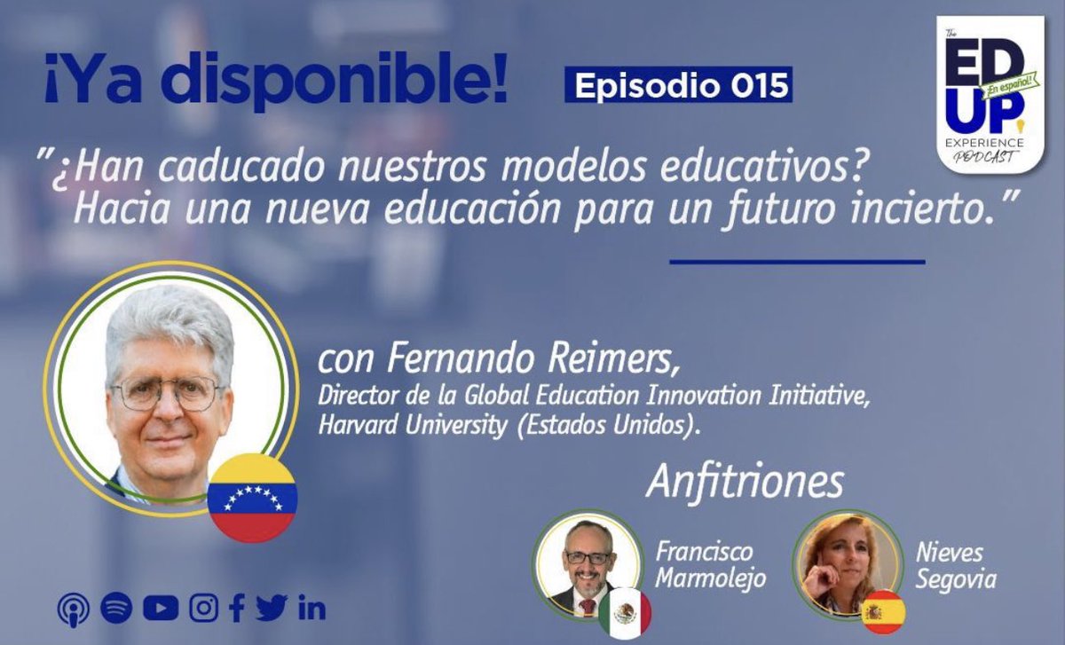 ¿Han caducado nuestros modelos educativos?. De ello hemos platicado en el podcast <a href="/EdUpEspanol/">EdUp en Español</a> con <a href="/FernandoReimers/">Fernando M. Reimers</a>, uno de los principales expertos en política educativa a nivel global. 
👉Spotify: spoti.fi/3j4NRfi 
👉Apple Podcast: apple.co/3ZOi0jx
<a href="/SegoviaNieves/">Nieves Segovia</a>