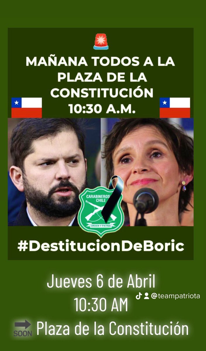 COMPATRIOTAS🇨🇱 ,ESTE LLAMADO ES P/Q'TOMES TU BANDERA,LEVANTALA CON FUERZA,EL VALOR D'TU PATRIA REQUIERE SER SUJETADA x EL HONOR Y LA VIDA DE NUESTROS <a href="/Carabdechile/">Carabineros de Chile</a> MAÑANA JUEVES VE Y REUNETE EN LA PLAZA D'LA CONSTITUCIÓN A LAS 10:30 AM
#DestitucionDeBoric
