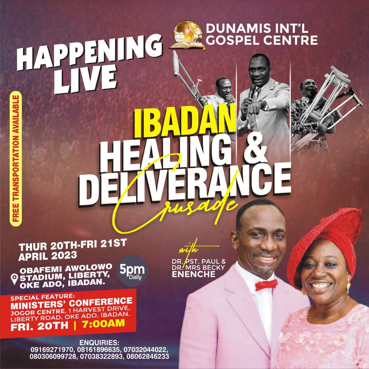 jay_mikee's tweet photo. Dr Paul Enenche and Dr (Mrs ) Becky Paul Enenche will be live in Ibadan this April for a Healing and deliverance crusade.

-20th&amp;21st April 2023
-Liberty Stadium
-5pm daily 

Minister's conference
-21st April 2023
-7am
-Venue: Jogor Center
Come for an encounter of a life time... https://t.co/hp7cZIWfJ6