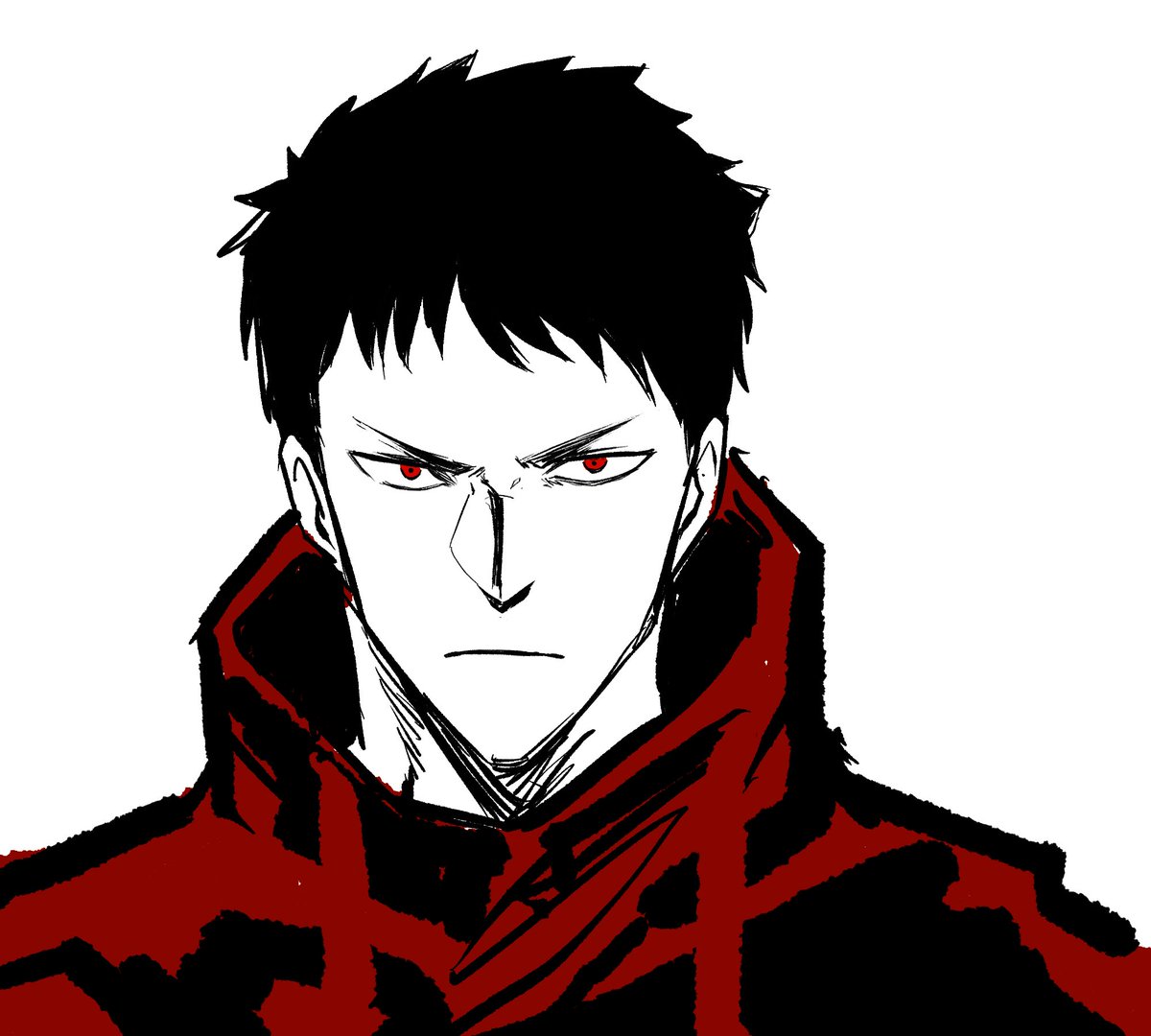1boy male focus solo red eyes black hair looking at viewer white background  illustration images