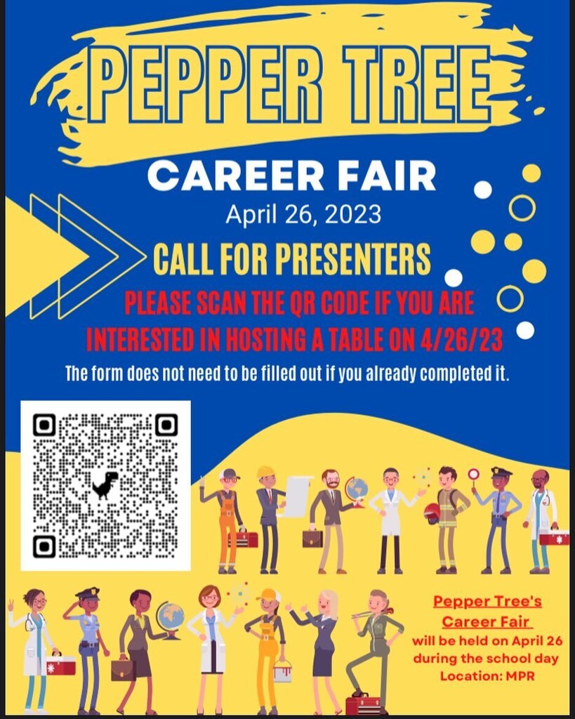 PepperTreeUUSD's tweet photo. Our career fair is coming up on 4/26/2023. We are looking for additional presenters. If you are interested in hosting a table, please use the QR code to sign up. Thank you! @peppertreepta @uplandunifiedsd https://t.co/rAnAcPRve0 https://t.co/BQ8UnSvp4G