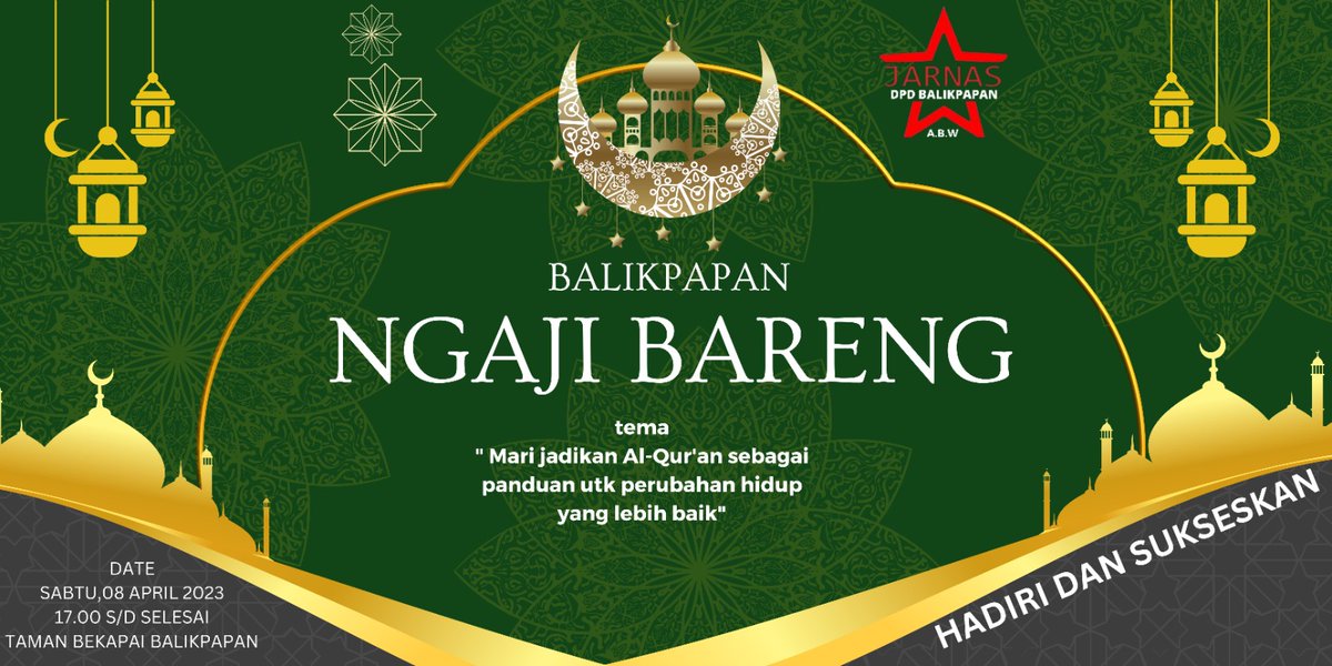 Warga Kota Balikpapan, Hadiri dan Ramaikan yuk

'Balikpapan Ngaji Bareng', untuk memperingati Nuzulul Qur'an. Sabtu, 08 April 2023, pukul 17.00, di Taman Bekapai

@tvOneNews @Metro_TV 

#NuzululQuran
#BalikpapanNgajiBareng
#balikpapan #Balikpapan