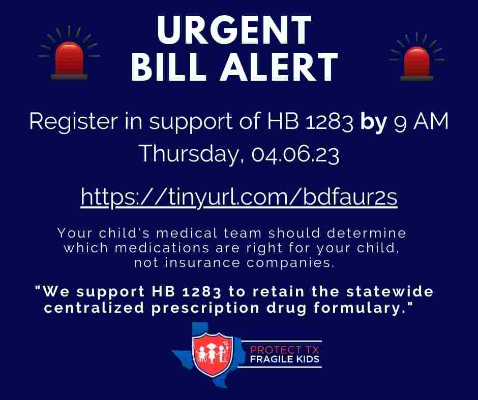 fragilechildTX's tweet photo. ⏰GOOD BILL ALERT!⏰
Register in support of #HB1283, which will eliminate the sunset provision and maintain the centralized statewide prescription drug formulary: https://t.co/qExiT3u137
#protectTXfragilekids #Texas #MisManagedCare #fixthismess #STARKidsfailskids #txlege https://t.co/rB7voHtFTi