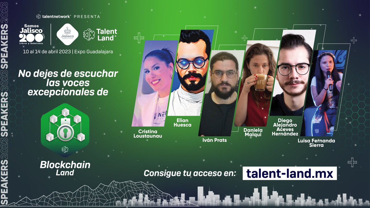 Escucha a los speakers que ponen en alto la #BlockchainLand dentro del encuentro #JaliscoTalentLand2023: <a href="/cristinavlous/">🟣Cristina Loustaunau⛓</a>, <a href="/eliandecrypto/">e</a>, @ElPirataGG, Daniela Malqui, <a href="/diegoaceveshdz/">Diego Aceves 🦎🃏</a>  y <a href="/lusierracripto/">Lu Sierra</a>. 

Consulta más detalles en talent-land.mx