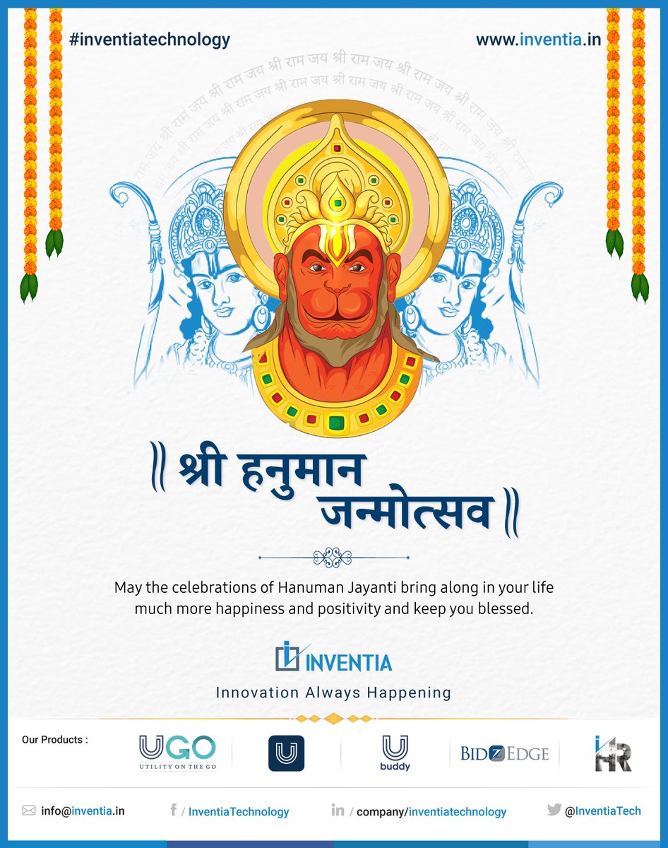 InventiaTech's tweet photo. Let us pray to Lord Hanuman on this auspicious day and seek his blessings for a happy and prosperous life.
Inventia Technology Wishes you all Happy Hanuman Jayanti.
#hanumanjayanti #lordhanuman #jayhanuman #hanuman_jayanti #jaishriram #InventiaTechnology #Inventia. https://t.co/ibwYLUv4jF