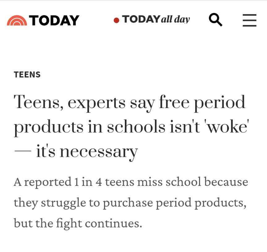 Again for the people in the back, 1 in 4 teens miss school because they can't afford period products. 

It's expensive and to the women who say, "Schools didn't give free period stuff when I went."

Yeah, you suffered. So why are you a sadist wanting another generation to suffer?