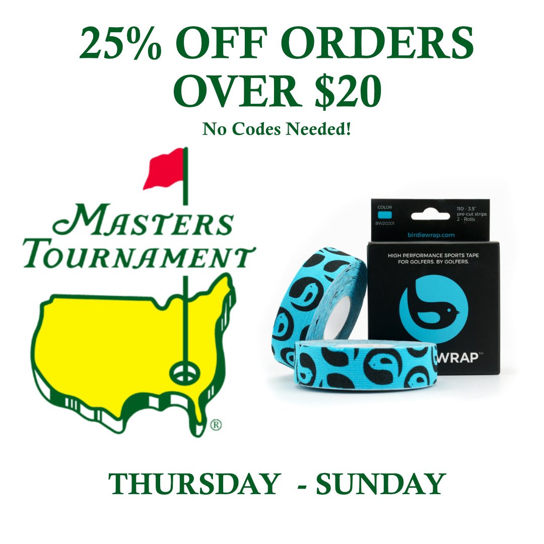 We ❤️ @TheMasters so we’re celebrating…

25% off orders over $20!

No codes needed, Thursday - Sunday. 

Free shipping anywhere in the U.S., as ALWAYS. 

#birdiewrap #fixthefeel #golfislife #golfaddict #golflife #golfgear #golfessentials #augustanational #themasters