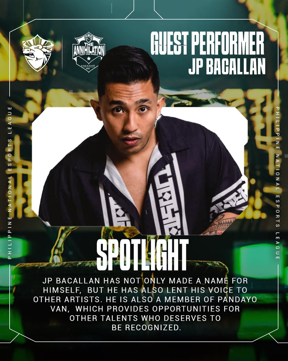 pnelofficial's tweet photo. Let the groove take control, move, and vibe with the chill rhythms of JP Bacallan on April 15, 2023, at the University Arena of the City of Dasmariñas. 

#PNEL #philippinenationalesportsleague #MLBB #MobileLegendsBangBang #MobileLegends #PNEL_THE_ANNIHILATION #PNEL_LAKAMBINI https://t.co/47p4buQhAT