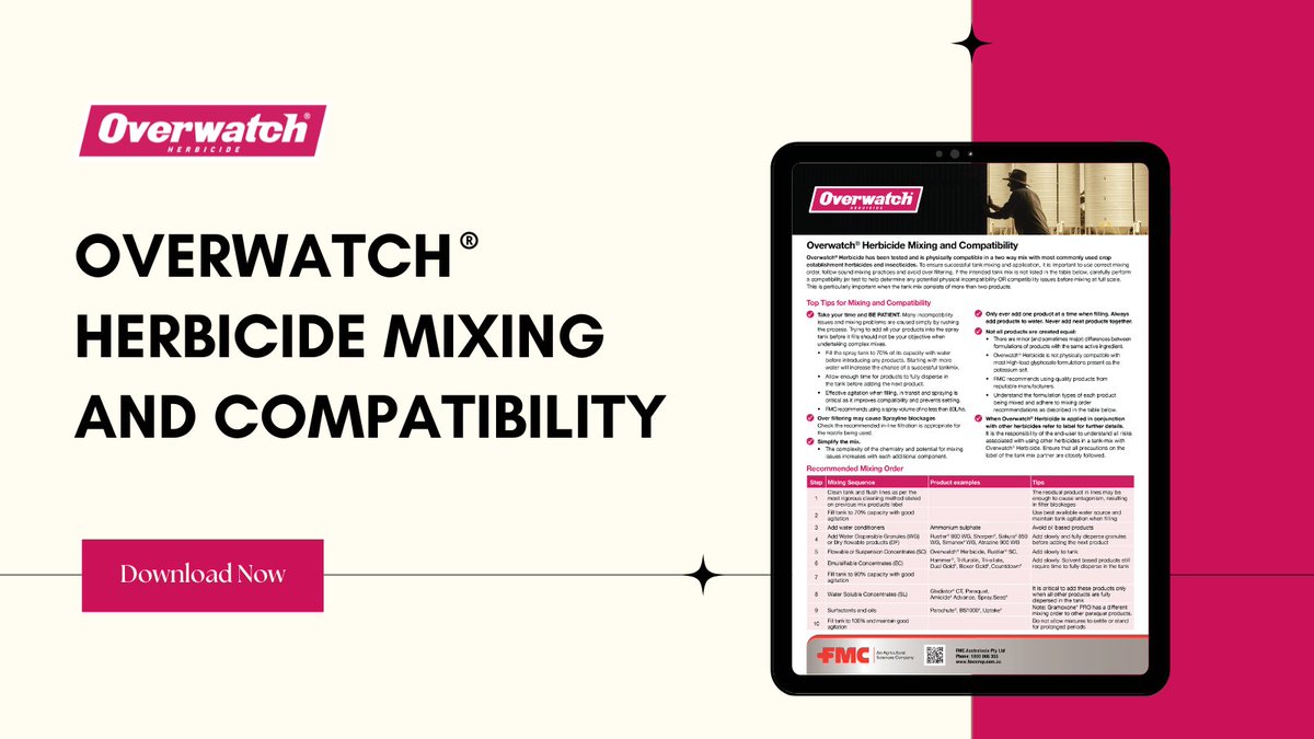 FMCANZ's tweet photo. Overwatch® Herbicide has been tested and is physically compatible in a two-way mix with the most commonly used crop establishment herbicides and insecticides. Ensure successful tank mixing and application by following these top tips:  https://t.co/5upke1UDjg https://t.co/0cH2wuUZWQ