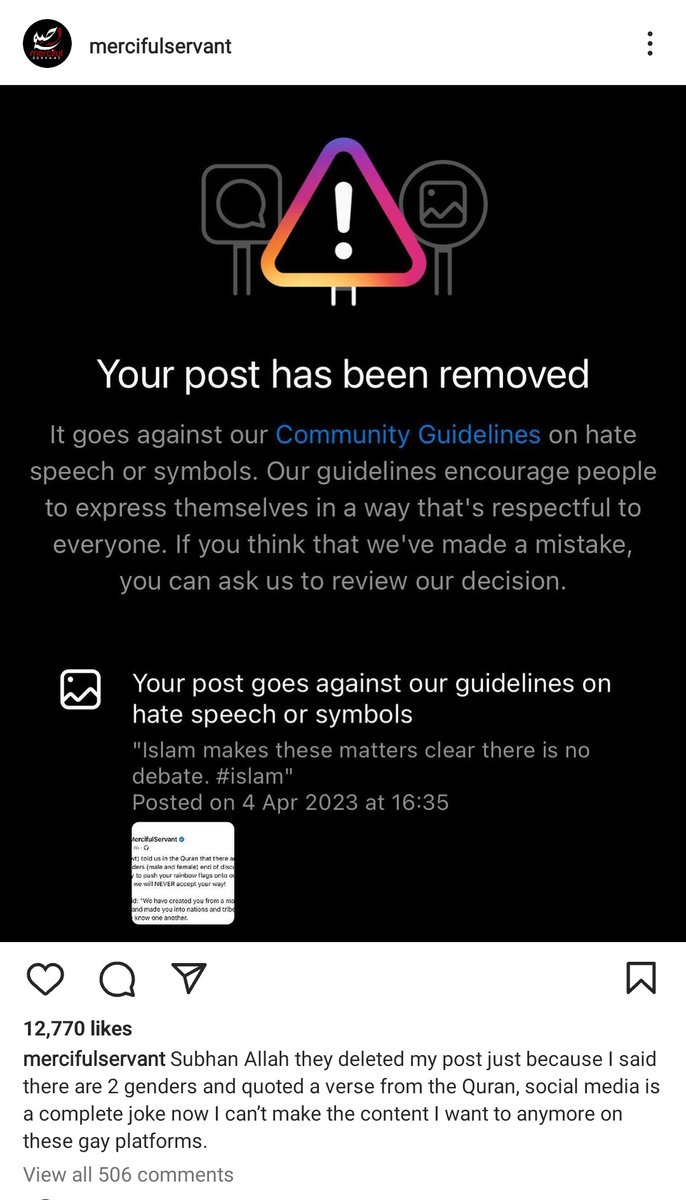Shahidhusain111's tweet photo. #Instagram has been triggered by a post which mentioned "there are 2 genders"
 So Instagram will allow naked models, sexual and abusive content but won't allow this. Verily the end time is near. @MercifulServnt https://t.co/7iBzggf7bW