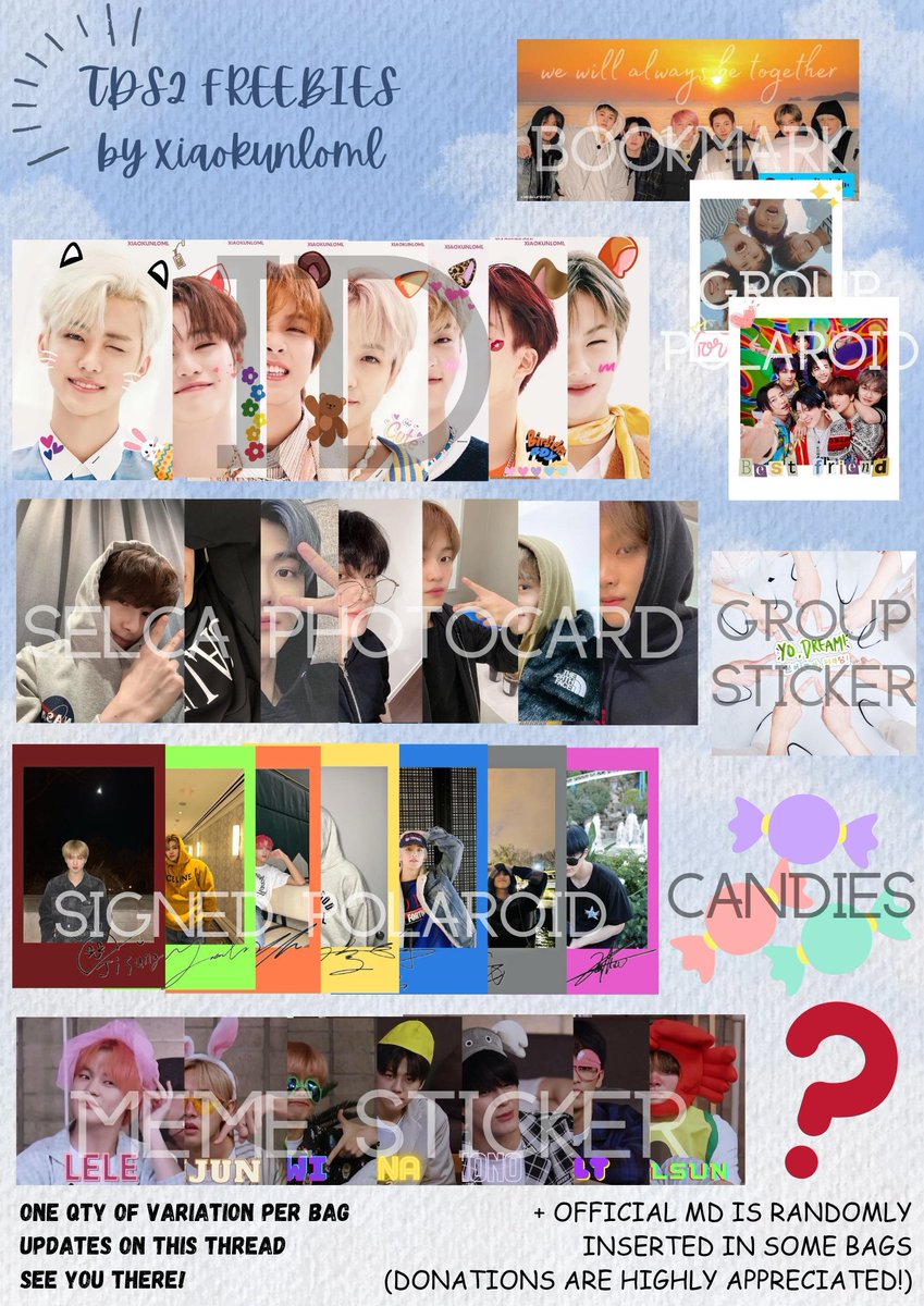 #THEDREAMSHOW2_in_MANILA

yo dreamzens! ₍ᐢ𓁹 ̫𓁹ᐢ₎

i'll be giving away freebies on April 30 Sunday ♡

each bag includes:
- id card
- group bookmark
- group pola
- signed pola
- selca pc
- meme sticker
- group sticker
- candies

(+ official md in some bags)

for more info 👇🏼