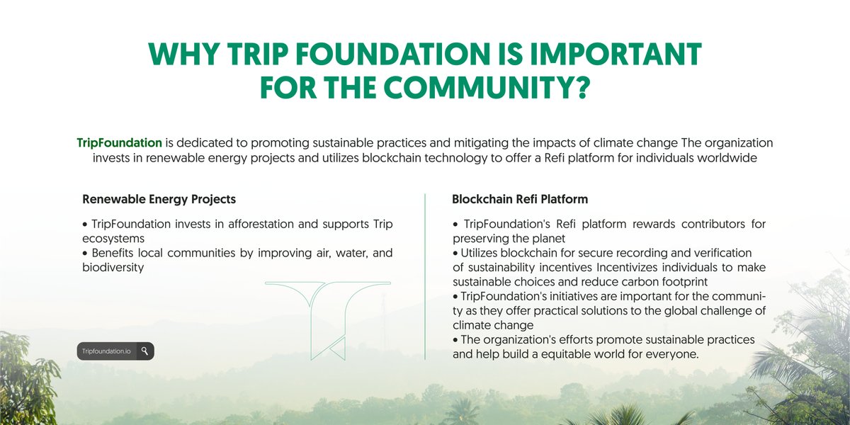 GreenFoundhssm's tweet photo. Trip Foundation strives to bring you a clean and sustainable Crypto Industry for a greener future🌿🌿
#TripFoundation #Refi #crypto https://t.co/qYYaleeiDl