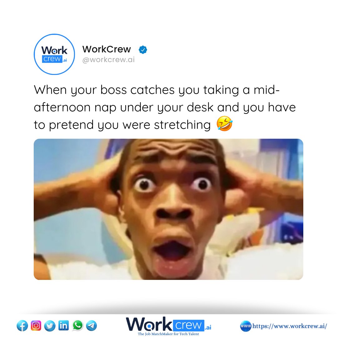 Workcrew_ai's tweet photo. Caught snoozing, pretending to stretch π΄πͺ
π Login or Get more details:
π» https://t.co/5CG1EUIQdu
#OfficeNaps #CaughtInTheAct #PretendGameStrong #UnderTheDesk #BossMan #StretchItOut #WorkLifeBalance #SneakySnooze #NapTime #ProfessionalNapper #CaughtSleeping #OfficeLife https://t.co/kfT1jlmydV