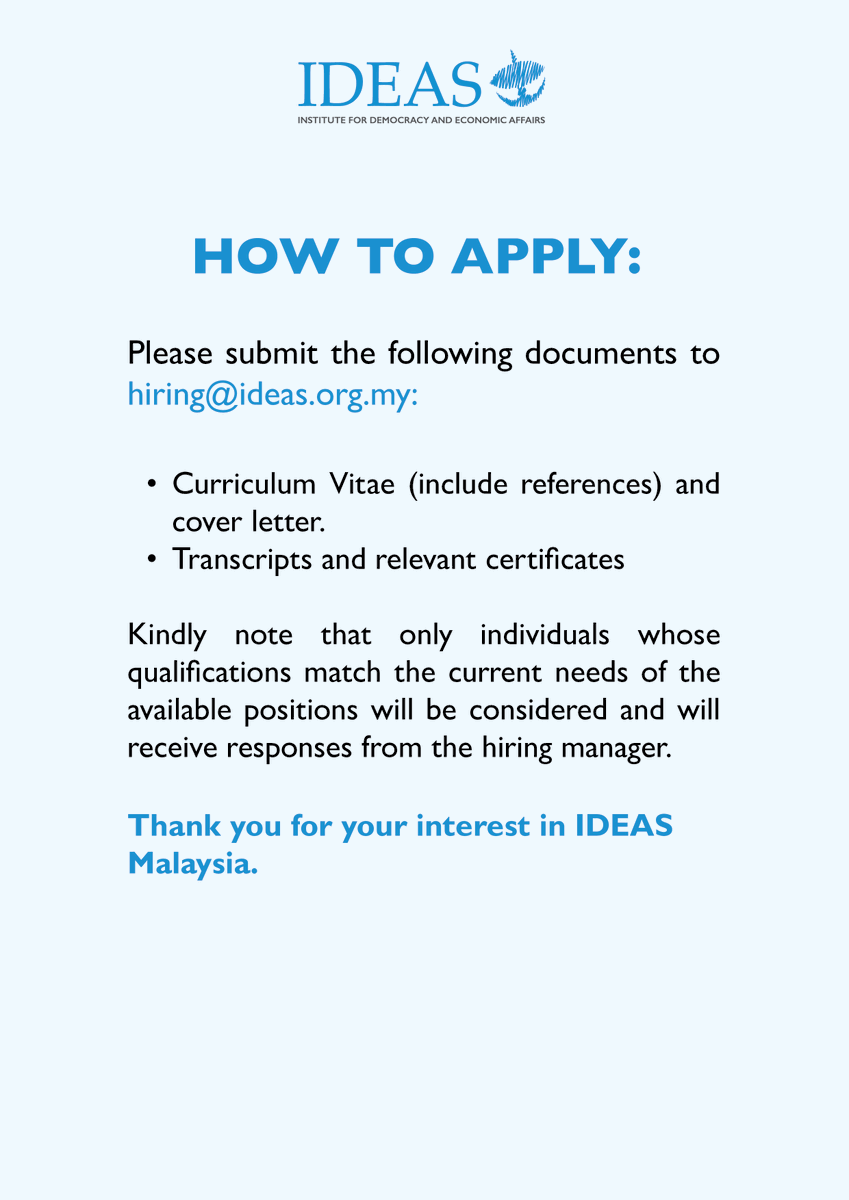 IDEASMalaysia's tweet photo. @IDEASMalaysia is hiring for talent!

Join our External Relations team as 𝗔𝘀𝘀𝗶𝘀𝘁𝗮𝗻𝘁 𝗠𝗮𝗻𝗮𝗴𝗲𝗿 to lead the communication and advocacy work in IDEAS.

Closing date: 30 April 2023

For full information, visit https://t.co/Kj71AMqzPz https://t.co/UzmU88puB3