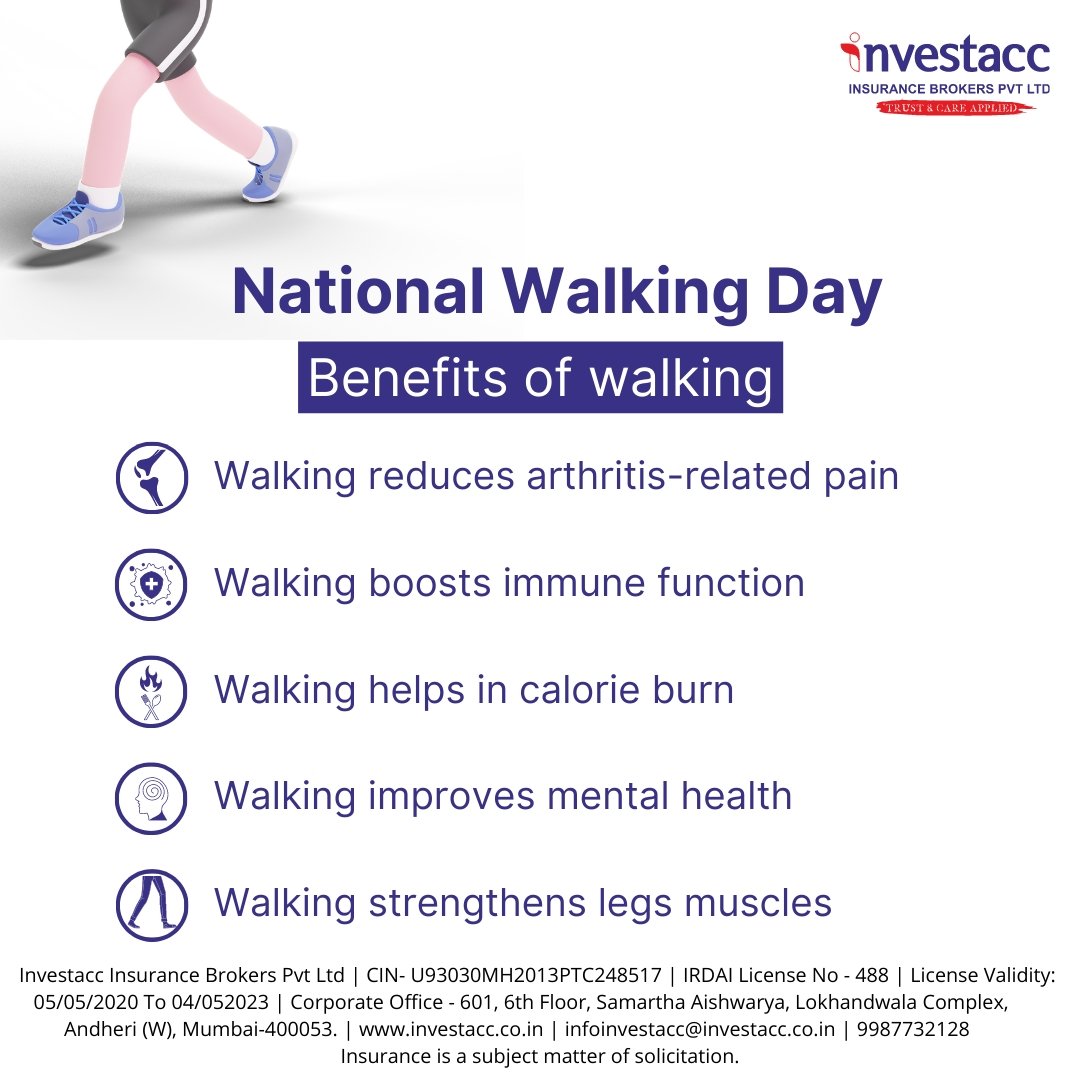 InvestaccINC's tweet photo. Walking has numerous #Health #Benefits across age groups & It is one of the simplest & easiest ways to stay #Healthy. On #NationalWalkingDay, #Investacc shares some of the benefits of #Walking.
#NationalWalkingDay2023 #WalkingDay #Tips #HealthBenefits #HealthTips #ReducePain https://t.co/0beXq5i5Cz