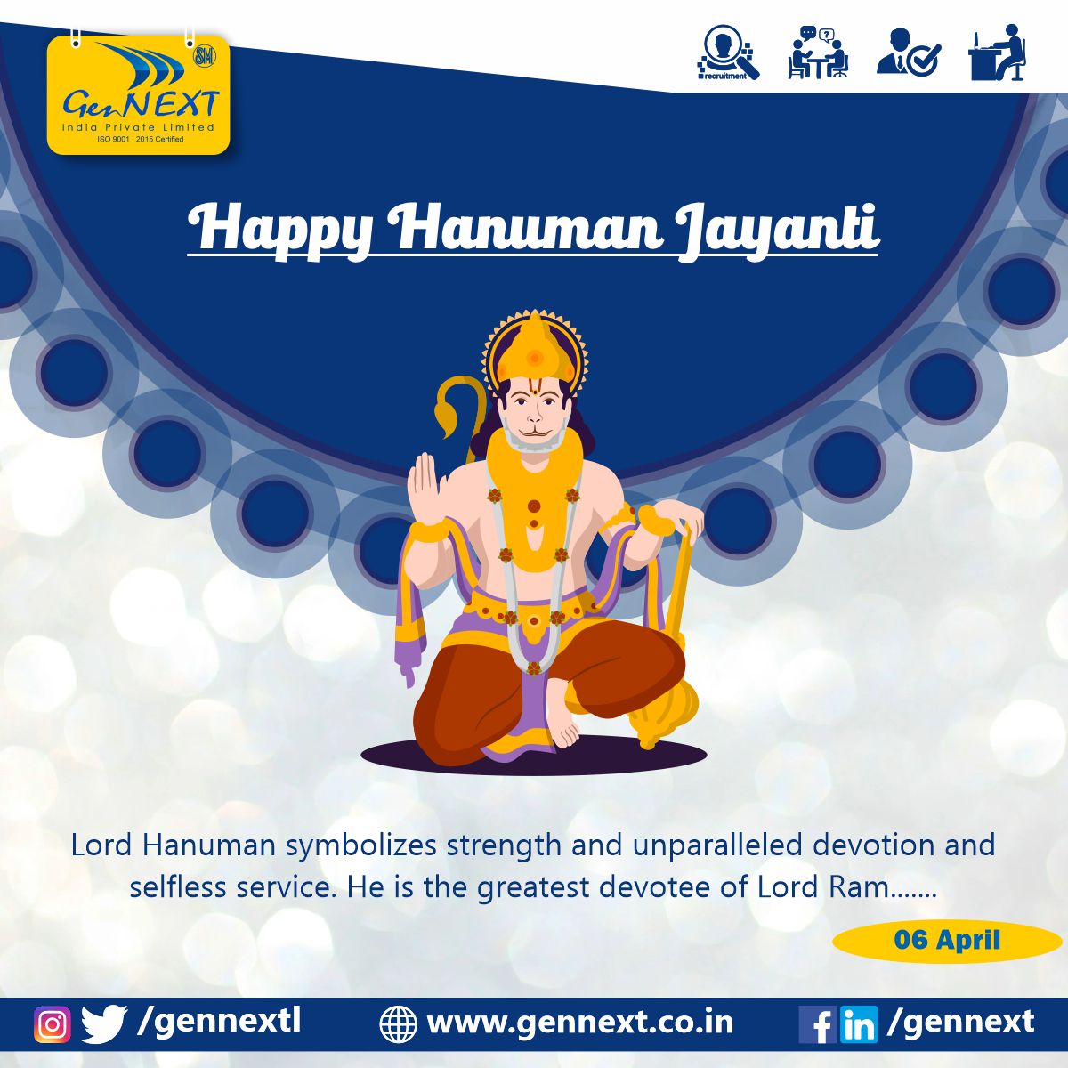 GennextL's tweet photo. Wishing you a blessed and prosperous Hanuman Jayanti. I hope you pursue the teachings and footsteps of Bajrang Bali for a pleasing and contented life.
#hanumanjayanti #blessed #health #hope #teaching #bajrangbali #prosperous #gennext #gennextjob #gennextindia https://t.co/Wvpo7COp5Y