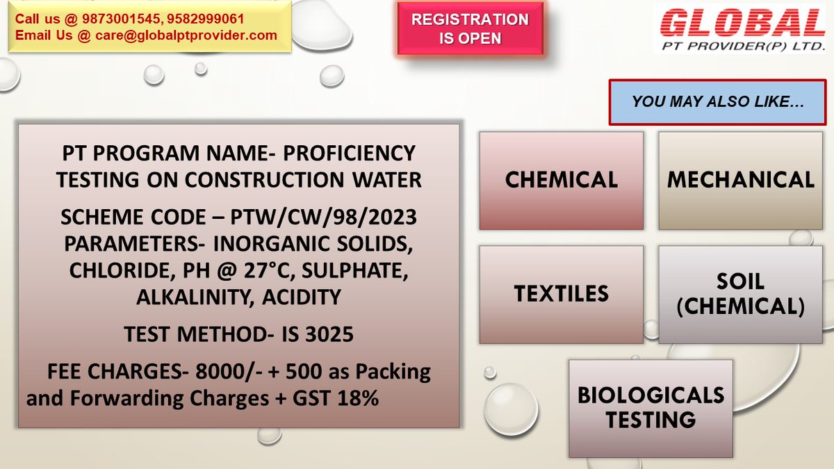 pt_limited's tweet photo. Register Now!!!!

#registrationopen #waterptprogram #constructionwater #constructionwatertesting #testinglab #testinglaboratory #watertesting #proficiencytesting #ptprograms #chemicaltesting #proficiencytesting #waterlab #chemicalsindustry #testinglaboratories #global #ptservices https://t.co/7gIiX1Rb2O