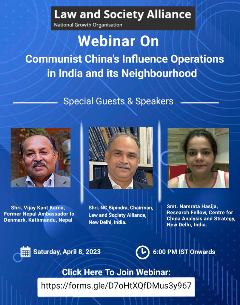 CESIF's Executive Chair @Vijaykarna along with @ncbipindra and @hasijanamrata will be speaking at the webinar on 'Communist China's Influence Operations in India and its Neighbourhood' organized by the Law and Society Alliance on April 8, 2023 from 6pm (IST).