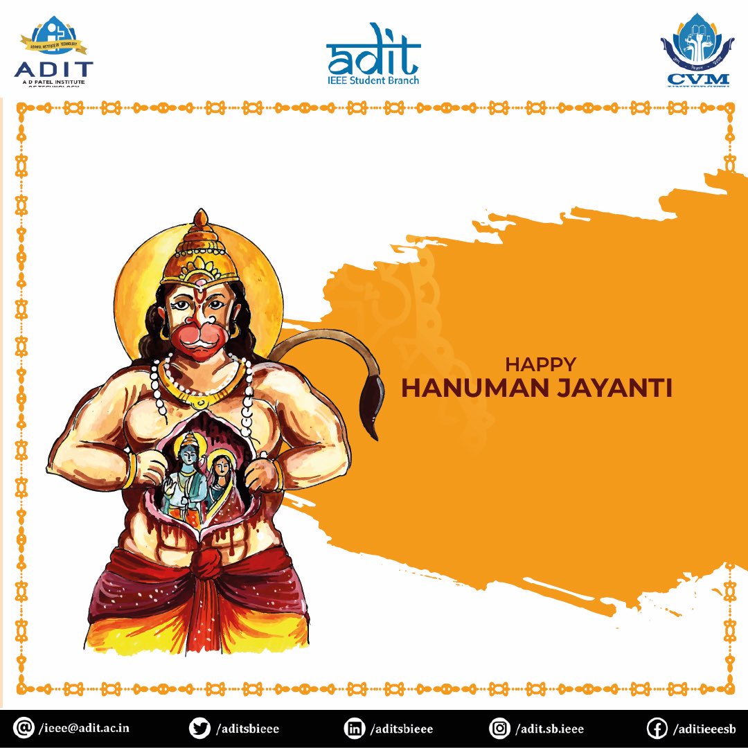 aditsbieee's tweet photo. Hanuman Jayanti is a hindu festival that celebrates the birth of the Hindu deity,and one of the protagonists of the Ramayan, Hanuman.The celebration of Hanuman Jayanti varies by time and tradition in each state of India. IEEE ADIT SB wishes you strength and energy as Lord Hanuman https://t.co/6BOx3MTZUd