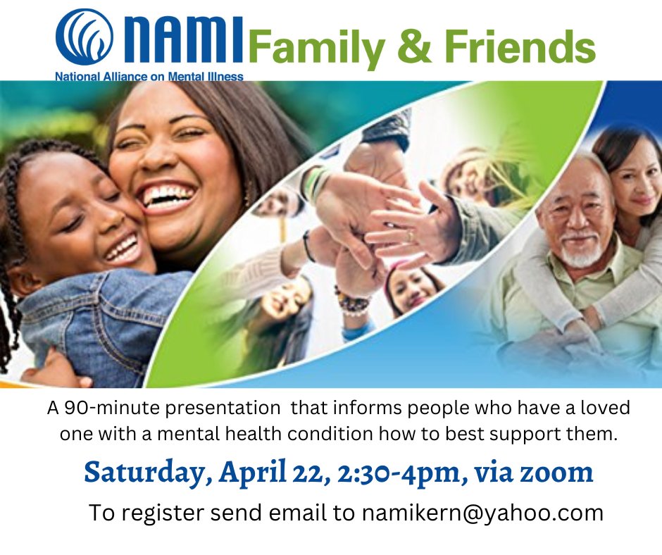 KernNami's tweet photo. Free seminar. Family &amp; Friends is a 90 minute presentation for individuals who have a loved one with a mental health condition. To register, send an email to namikern@yahoo.com. https://t.co/0mZdicfSyM