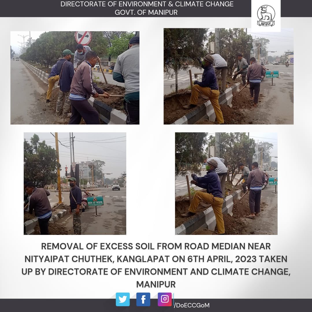 Environment & Climate Change, Govt. of Manipur (@doeccgom) on Twitter photo Removal of excess soil from Road median near Nityaipat Chuthek, Kanglapat on 6th April, 2023 taken up by Directorate of Environment and Climate Change, Manipur
<a href="/NBirenSingh/">N. Biren Singh</a> <a href="/BiswajitThongam/">Th.Biswajit Singh</a> Removal of excess soil from Road median near Nityaipat Chuthek, Kanglapat on 6th April, 2023 taken up by Directorate of Environment and Climate Change, Manipur
<a href="/NBirenSingh/">N. Biren Singh</a> <a href="/BiswajitThongam/">Th.Biswajit Singh</a>